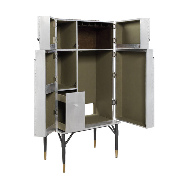 English Elm Yoela Leather Trim Wine Cabinet with Nailhead Detail and Four Door Bar Storage B2726P457655
