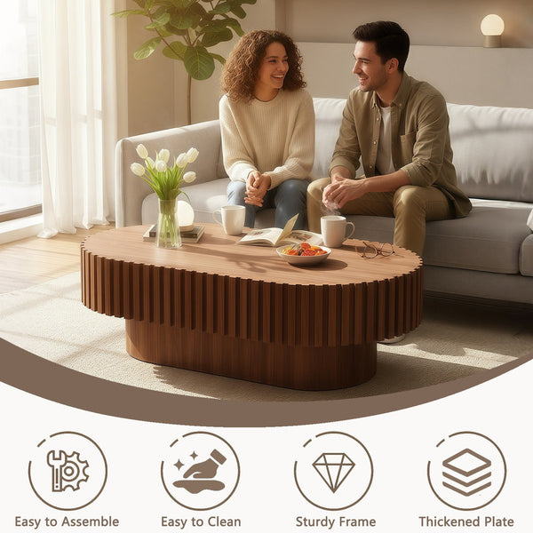 English Elm Oval Fluted Walnut Coffee Table Sculptural Pedestal Base Mid Century Living Room W3204P391004