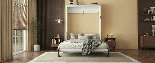 English Elm Queen Murphy Wall Bed with Integrated Desk Gas Strut Lift White Cabinet for Small Spaces W504S00282