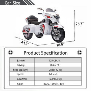 English Elm 12v Kids Electric Ride on Motorcycle with Led Lights Bluetooth Music and Storage Trunk White W1760P237293
