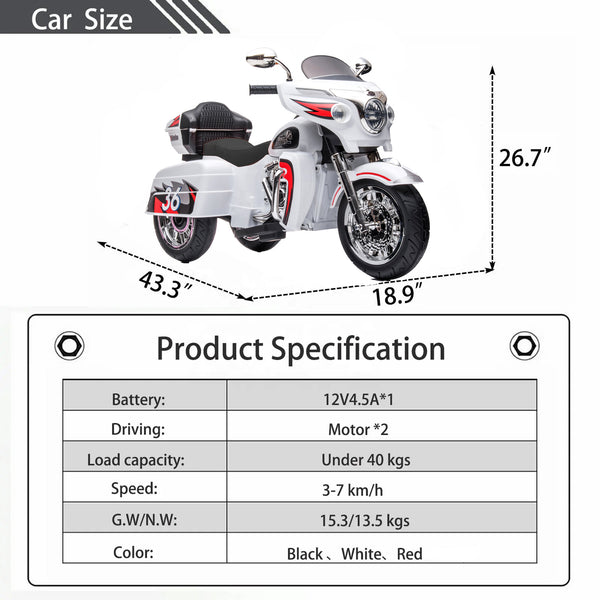 English Elm 12v Kids Electric Ride on Motorcycle with Led Lights Bluetooth Music and Storage Trunk White W1760P237293