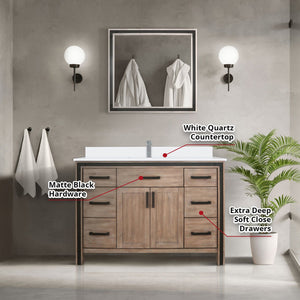 English Elm Rustic Barnwood 48" Bath Vanity with White Quartz Top, Chrome Faucet, 34" Mirror, Scratch-Resist Durable B2731S01347