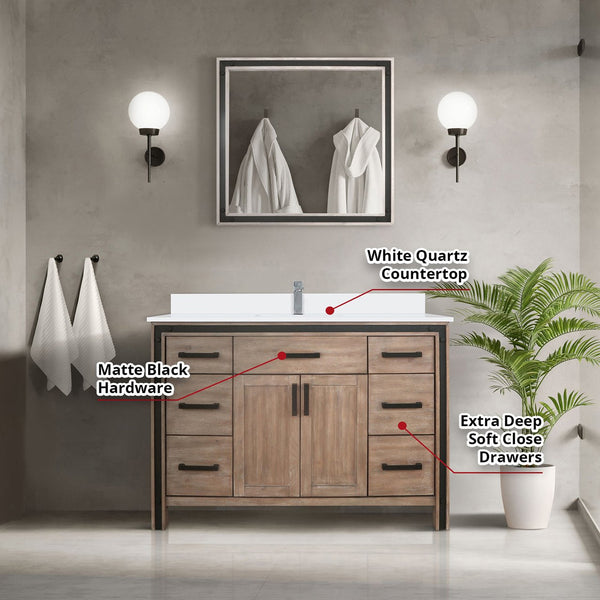 English Elm Rustic Barnwood 48" Bath Vanity with White Quartz Top, Chrome Faucet, 34" Mirror, Scratch-Resist Durable B2731S01347