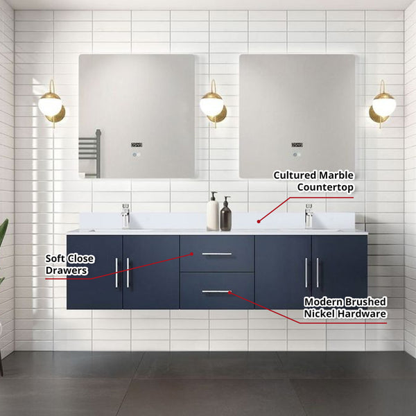 English Elm Navy Double Bath Vanity 72" W x 22" D with Cultured Marble Top, Chrome Faucet, Scratch-Resist LED Mirrors B2731S01095