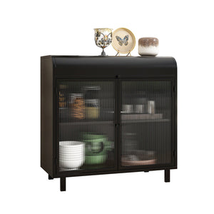 English Elm Modern Sideboard Buffet Cabinet Antique Black Steel Frame with Tempered Figured Glass Doors, Flip-Top Storage Console W3122P272901
