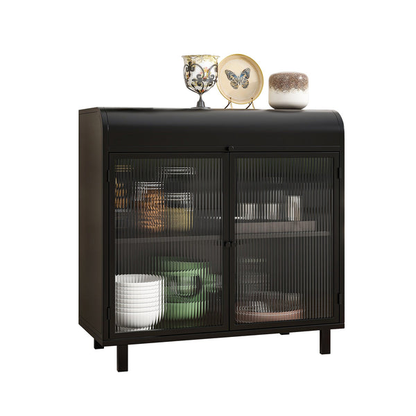 English Elm Modern Sideboard Buffet Cabinet Antique Black Steel Frame with Tempered Figured Glass Doors, Flip-Top Storage Console W3122P272901