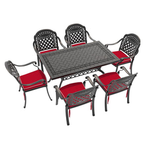 English Elm 7-Piece Cast Aluminum Patio Dining Set With Vibrant Red Cushions For Stylish Outdoor Gatherings W1710S00491