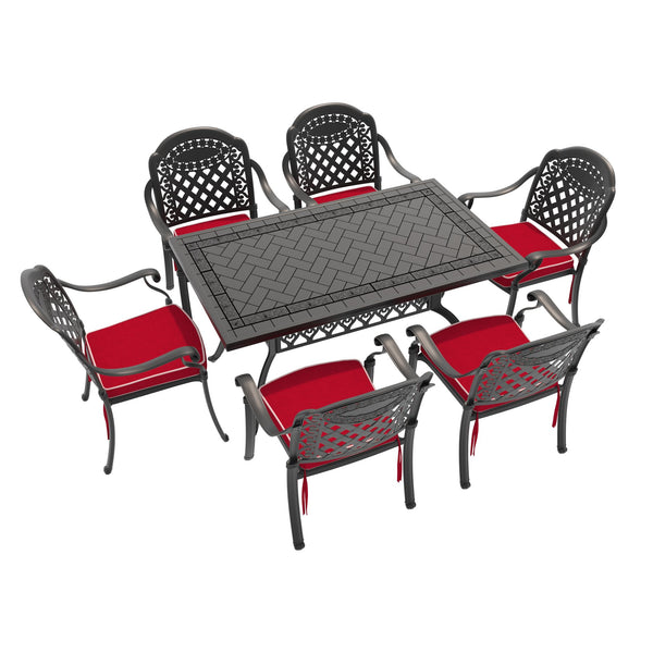 English Elm 7-Piece Cast Aluminum Patio Dining Set With Vibrant Red Cushions For Stylish Outdoor Gatherings W1710S00491