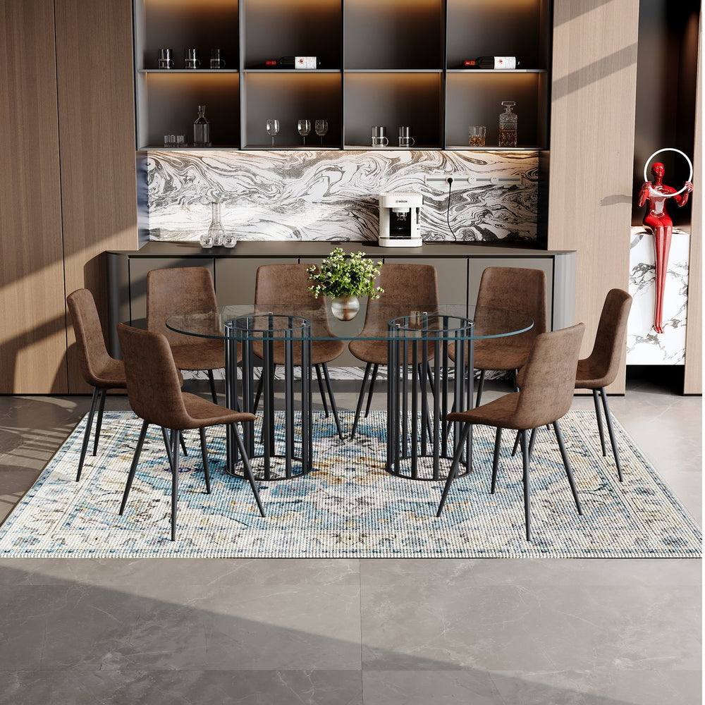 English Elm Table and Chair Set Oval Tempered Glass Seats 8 Light Luxury Dining Room W1151S04753