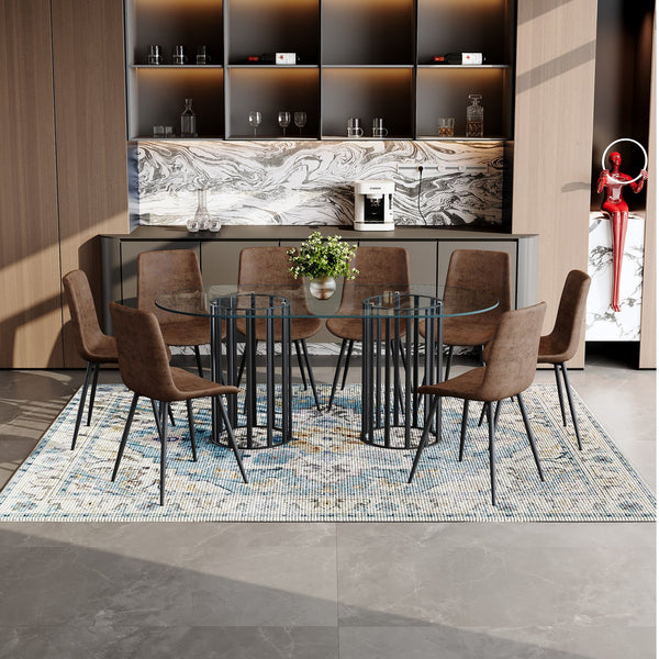 English Elm Table and Chair Set Oval Tempered Glass Seats 8 Light Luxury Dining Room W1151S04753