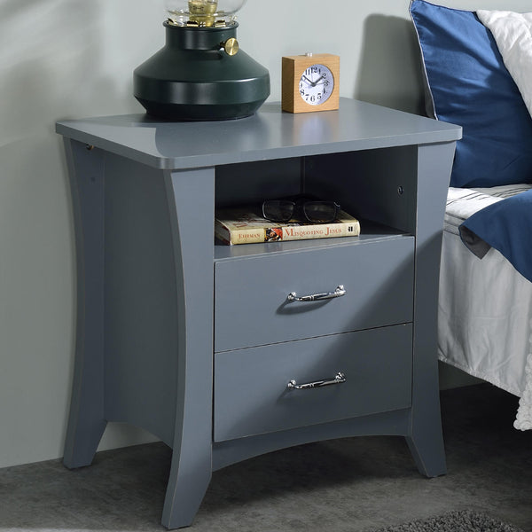 English Elm Nightstand with Curved Trim and Open Top Shelf, 2 Drawers in Gray with Silver Bar Pulls — Stylish Storage B016P256528