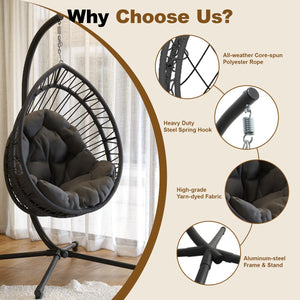 English Elm Outdoor Egg-shaped Hanging Chair with Stand - Cozy Cushioned Swing, Sturdy 350 lb Frame, Indoor/Patio Use Black+ Gray W2500P309742