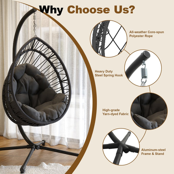 English Elm Outdoor Egg-shaped Hanging Chair with Stand - Cozy Cushioned Swing, Sturdy 350 lb Frame, Indoor/Patio Use Black+ Gray W2500P309742