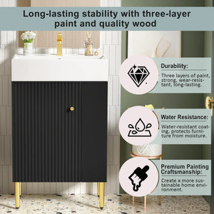 English Elm 21.6" Black Modern Bathroom Vanity with Ceramic Sink, Right Side Storage, Gold Legs & Soft-Close Doors SV000006AAB