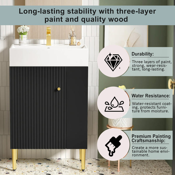 English Elm 21.6" Black Modern Bathroom Vanity with Ceramic Sink, Right Side Storage, Gold Legs & Soft-Close Doors SV000006AAB