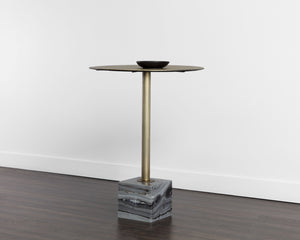 Sunpan Kata Bar Table - Opulent Antique Brass Frame with Unique Mesh Design and Elegant Marble Base Grey Marble