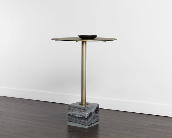 Sunpan Kata Bar Table - Opulent Antique Brass Frame with Unique Mesh Design and Elegant Marble Base Grey Marble