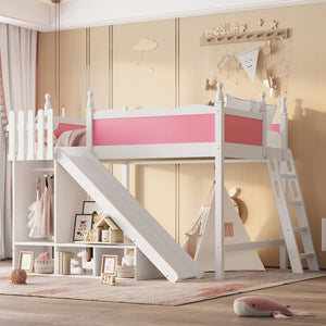 English Elm Twin Loft Bed Solid Pine Frame with Wardrobe Shelving Detachable Slide Kids Room W5305S00021
