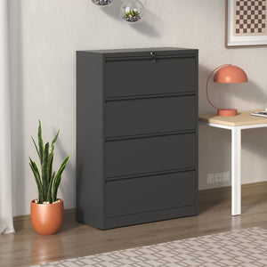 English Elm Lateral File Cabinet 4 Drawer, Black Filing Cabinet With Lock, Lockable File Cabinet For Home Office, Locking Metal File Cabinet For Legal/Letter/A4/F4 Size