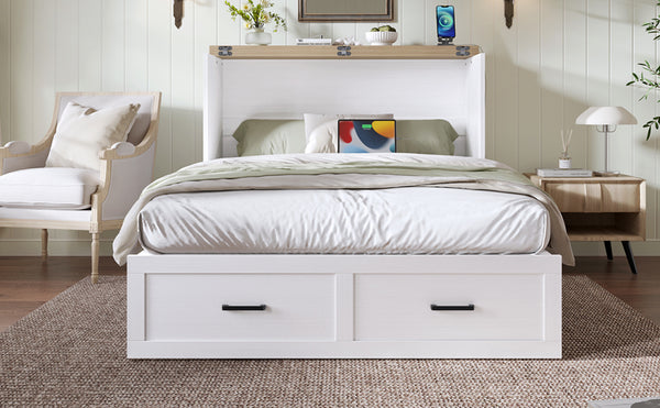 English Elm Murphy Full-Size Cabinet Bed with Built-In Charging Station, Storage Drawer & 700lb Capacity Comfort White 52.5 L x 26 W x 5.5 H N733S293995W