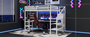 English Elm Metal Queen Loft Bed with Wardrobe, LED Light, L-Shaped Desk and USB Ports for Space-Saving Rooms White 65.75 L x 17.52 W x 6.3 H W2593S00039