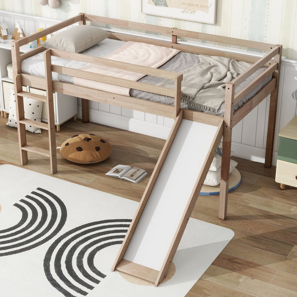 English Elm Twin Low Loft Bed with Slide and Ladder for Kids, Rubberwood Frame, Safety Guardrails & Playspace White Oak W504P218527