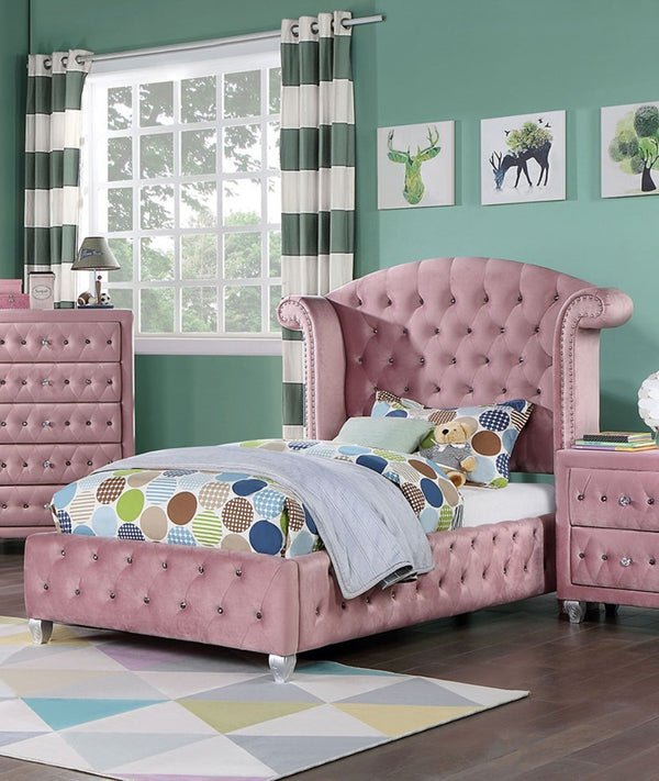 English Elm Glam Oversized Wingback Tufted Flannelette Queen Bed with Nailhead Trim, Crystal Accents, Cabriole Legs Pink 63 L x 37.5 W x 5 H B2741S00052