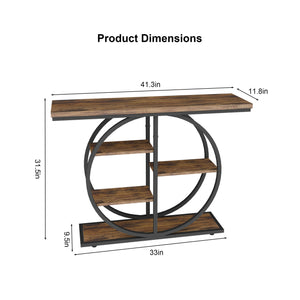 English Elm 41.3 Inch Five Tier Industrial Console Table Rustic Wood Shelves Round Metal Frame W3101P460015