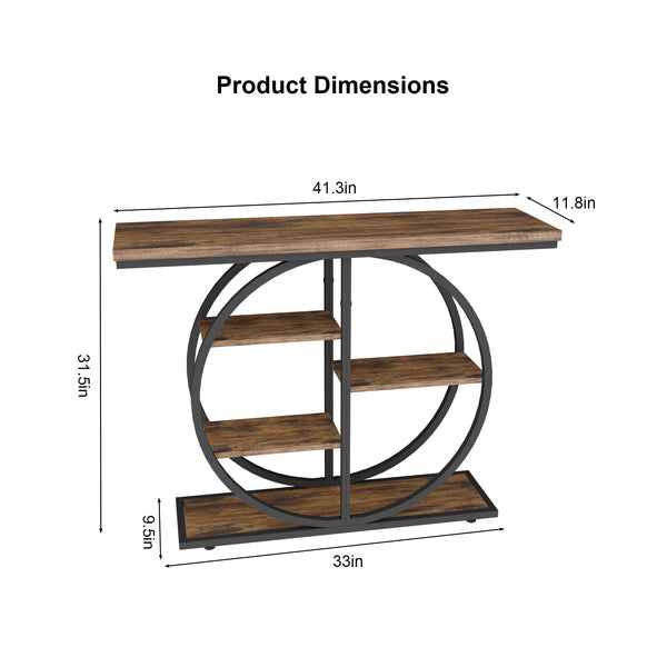 English Elm 41.3 Inch Five Tier Industrial Console Table Rustic Wood Shelves Round Metal Frame W3101P460015
