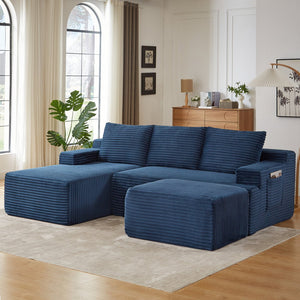 English Elm L-shaped Cloud Sectional Corduroy Sleeper Sofa Deep Pocket Spring Seat Modular Lounge W2339S00109