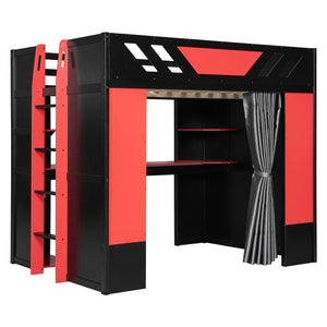English Elm Full Size Loft Bed with Desk Blackout Curtains Rgb Lighting and Integrated Storage Black+Red LT000377AAJ