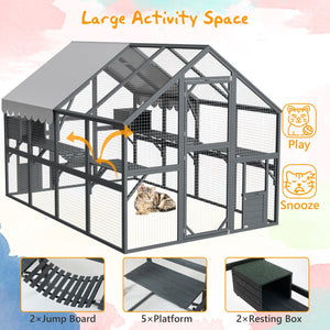 English Elm Extra Large Walk-in Outdoor Cat Enclosure with Oxford Roof Ramps and Dual Resting Huts W1422S00048