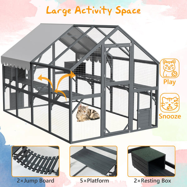 English Elm Extra Large Walk-in Outdoor Cat Enclosure with Oxford Roof Ramps and Dual Resting Huts W1422S00048