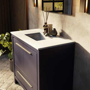 English Elm Navy Blue Single-Sink Vanity Set With White Quartz Top, Gun Metal Faucet & 28" Mirror For Modern Baths B2731S02065