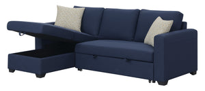 English Elm Navy Fabric Sleeper Sectional with Lift Top Storage Chaise for Compact Living Rooms B361S00027