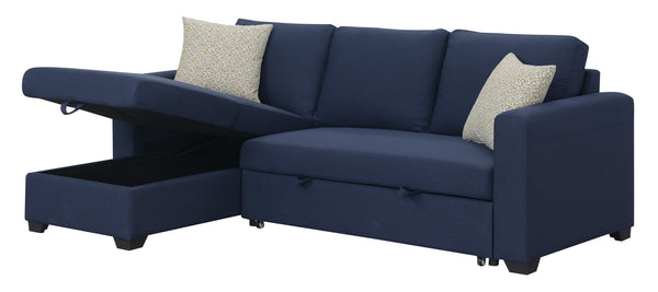 English Elm Navy Fabric Sleeper Sectional with Lift Top Storage Chaise for Compact Living Rooms B361S00027