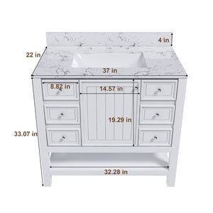 English Elm Modern 37" Bathroom Vanity With Elegant Carrara Marble Top, Storage Solutions & Quiet Operation W509S00137