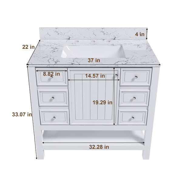 English Elm Modern 37" Bathroom Vanity With Elegant Carrara Marble Top, Storage Solutions & Quiet Operation W509S00137