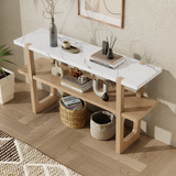 English Elm Trexm Retro Elegant Console Table With Marble-Effect Top and Versatile Storage Solutions For Entryway and Living Room (Natural)