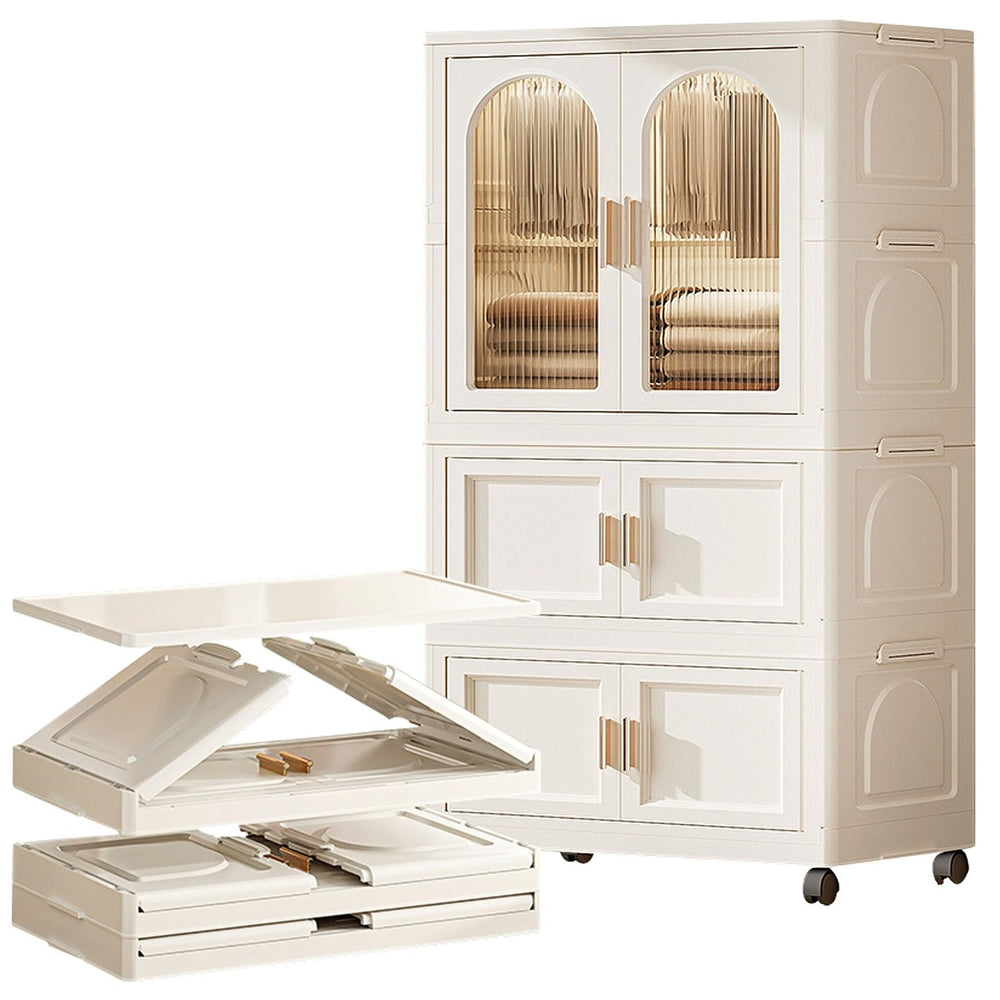 English Elm 25.59" Folding Wardrobe Cabinet on Wheels with Magnetic Door and Hanging Rod Storage W2873P207533