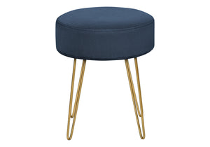 English Elm Ottoman, 14" Round Blue Plush Pouf with Gold Hairpin Legs — Versatile Footrest, Seat & Accent Piece B2710P220008