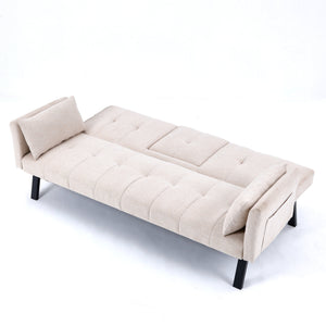 English Elm 70-inch Foldable Cotton Linen Sofa Bed with Cup Holder & Side Storage, Space-Saving 2-Seater Design Beige W3371P337197