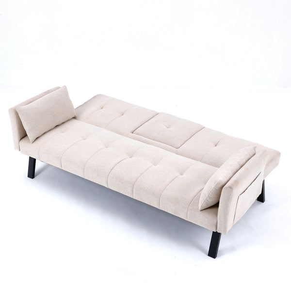 English Elm 70-inch Foldable Cotton Linen Sofa Bed with Cup Holder & Side Storage, Space-Saving 2-Seater Design Beige W3371P337197