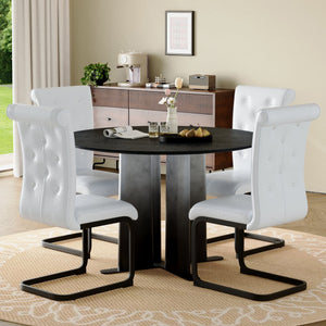 English Elm Modern Round Pedestal Dining Set Tufted Pvc Chairs Sculptural Base for Small Spaces W3875S00076