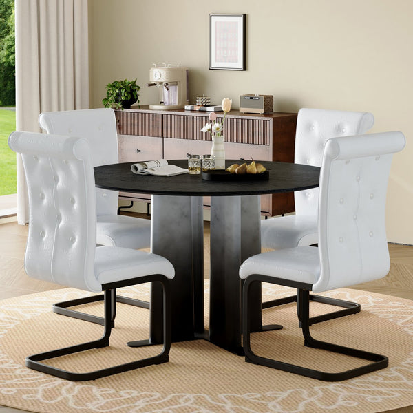 English Elm Modern Round Pedestal Dining Set Tufted Pvc Chairs Sculptural Base for Small Spaces W3875S00076