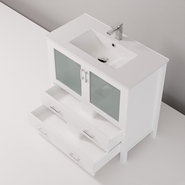 English Elm White 36 in. Bath Vanity with White Ceramic Top, Soft-Close Drawers, Cabinet Storage & Chrome Faucet B2731P260515