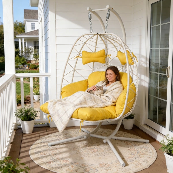 English Elm 2 Person Wicker Hanging Egg Chair with Stand Padded Swing for Patio Garden T5880P500210