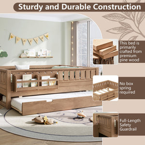 English Elm Twin Kids Platform Bed with Trundle Staircase Bookshelf and Rounded Safety Rails Natural W1580S00561