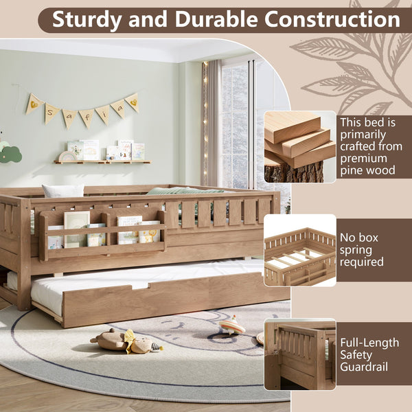 English Elm Twin Kids Platform Bed with Trundle Staircase Bookshelf and Rounded Safety Rails Natural W1580S00561