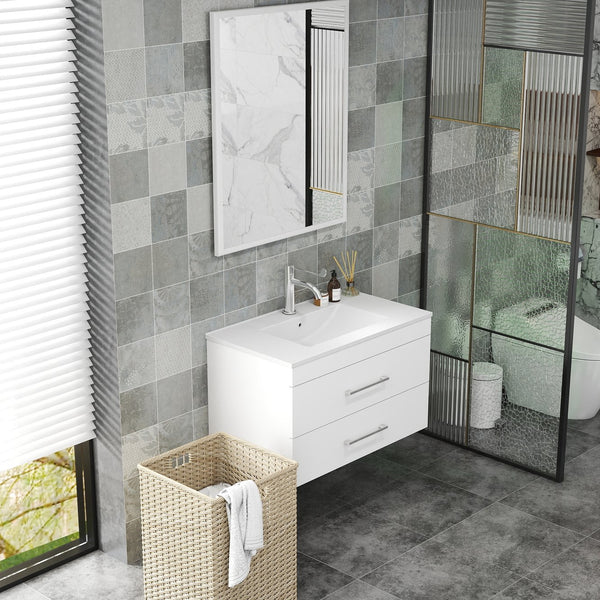 English Elm 32-Inch Wall-Mounted Bathroom Vanity - Modern Glossy White Design With Soft-Close Drawers & Sink W3151S00004